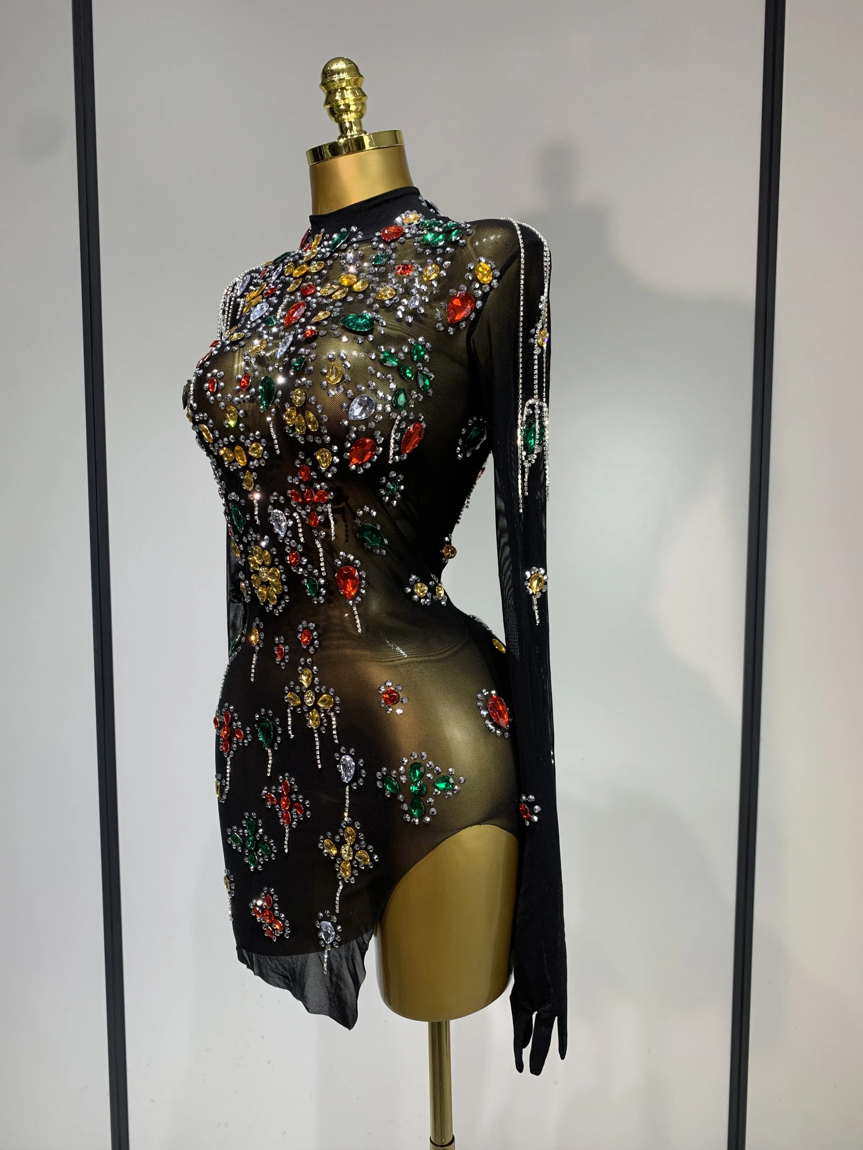 Women Sexy Mesh See Through Luxury Colorful Crystal Diamond Glove Bodycon  Dress Evening Party Dress Stage Performance Costume - AliExpress 200000345