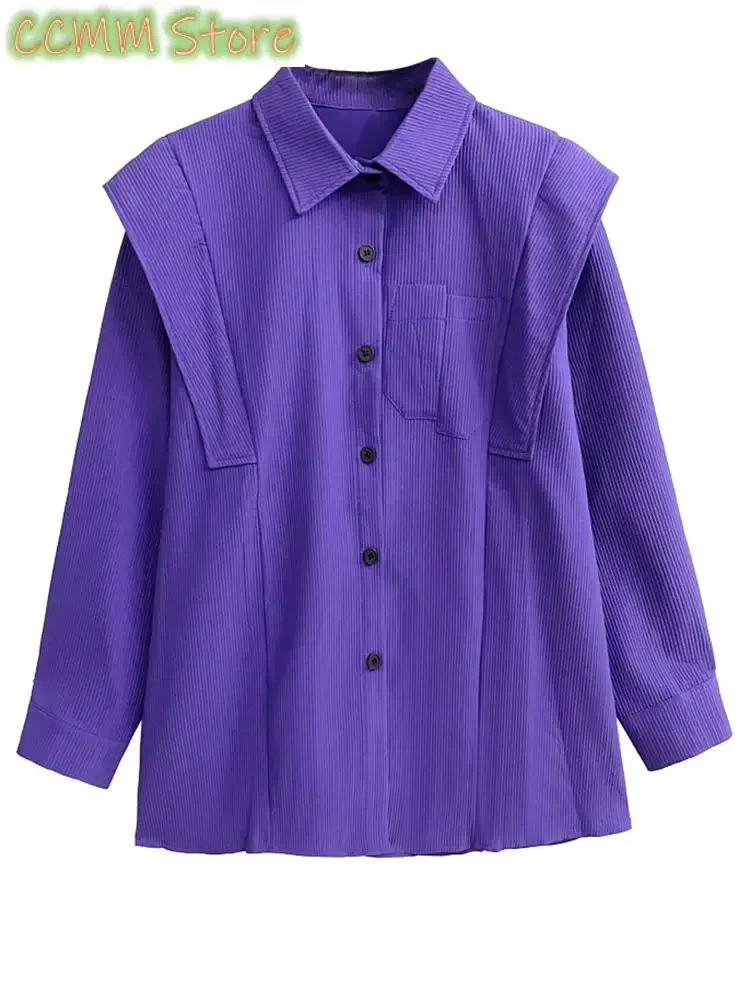 Damska fioletowa sztruksowa elegancka bluzka w kształcie dużego rozmiaru nowa koszula z długim rękawem z klapami Fashion Tide wiosna jesień