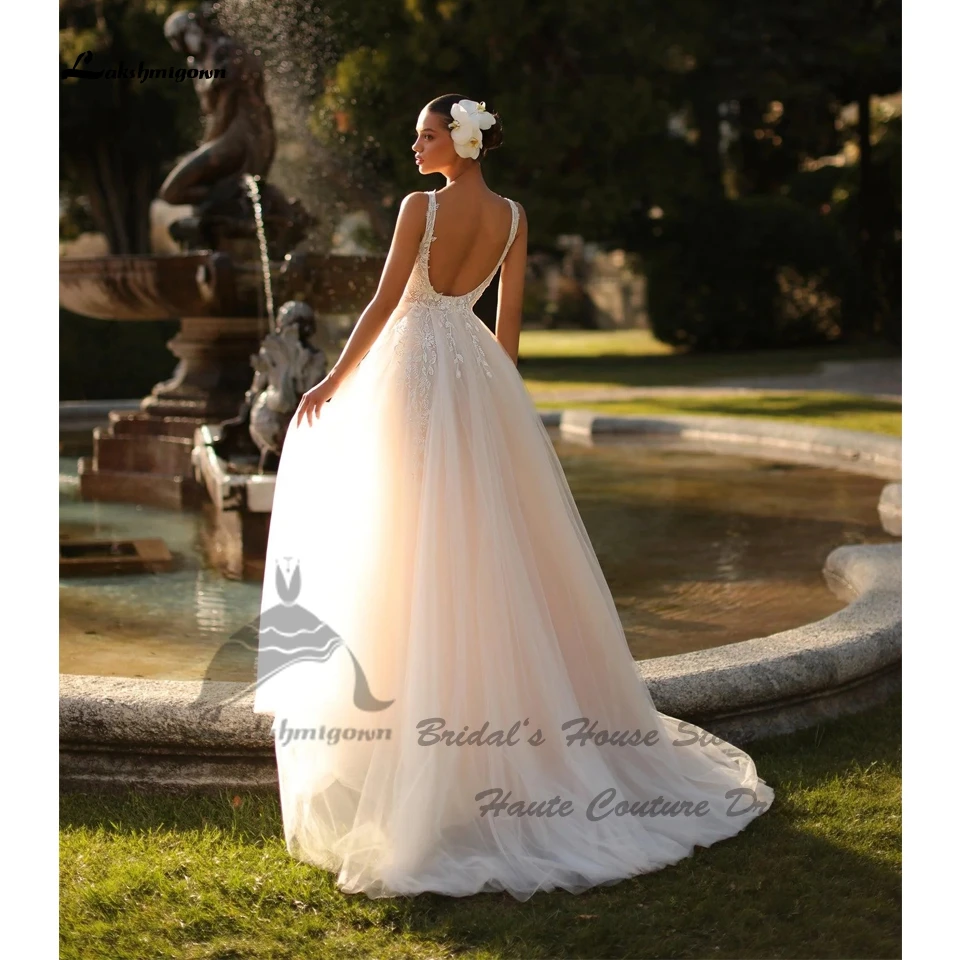 Lakshmigown Vintage Champagner Strand-Hochzeitskleid V-Ausschnitt Rückenfrei 2026 Sexy Boho Tüll Brautkleider mit Hohem Schlitz Maßanfertigung – Detail 4
