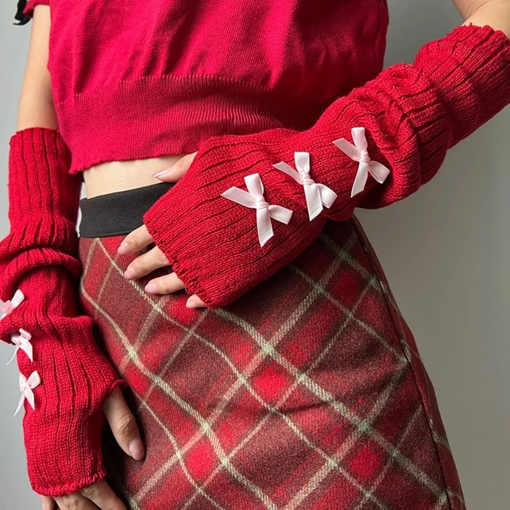 Kawaii Slouchy Bow Knitted Arm Warmers Long Stacked Wrist Cuffs Windproof Warm And Comfortable Y2K Fingerless Gloves Women