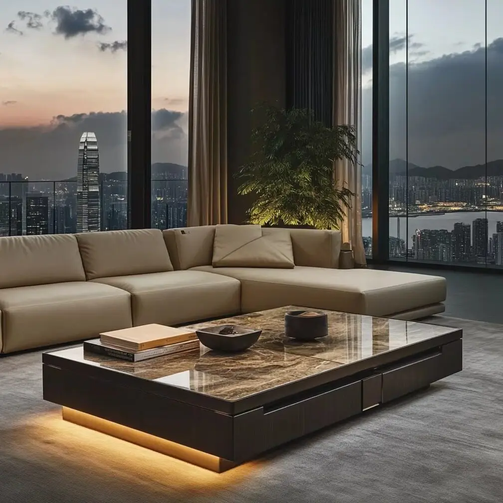 Vintage and elegant, light luxury glowing coffee table, high-end and grand, luxurious villa living room light luxury marble lon