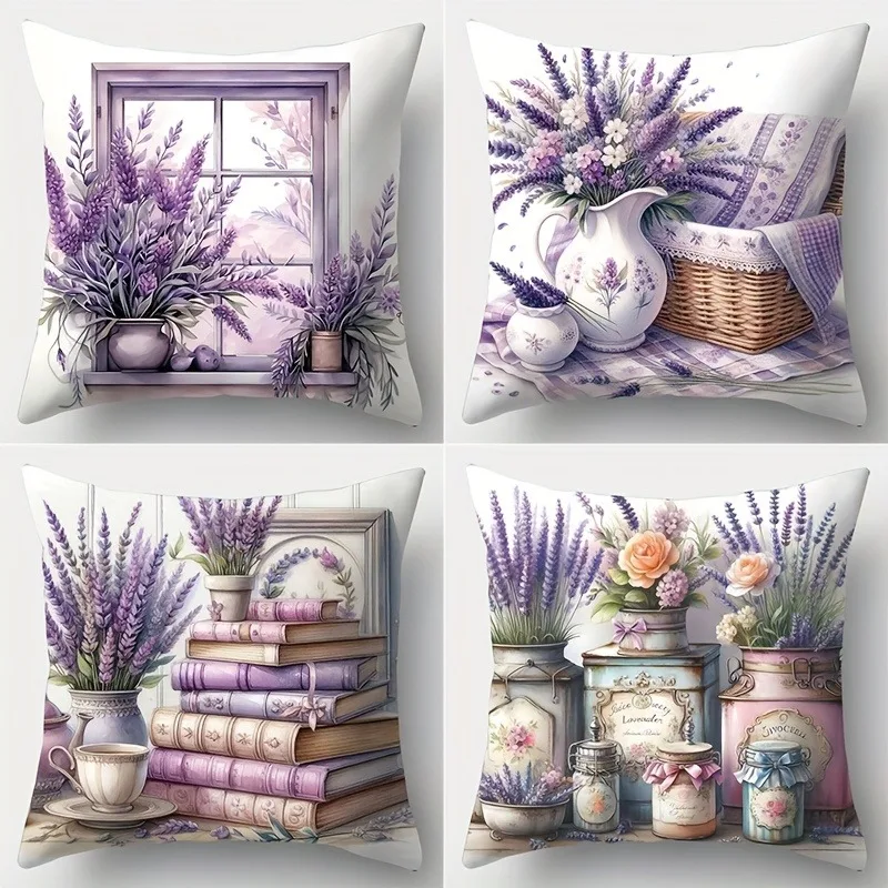 Lavender Window Book Jar Floral Pillow Cover Short Plush Polyester Cushion Case Decor Throw Pillowcase Home Deco