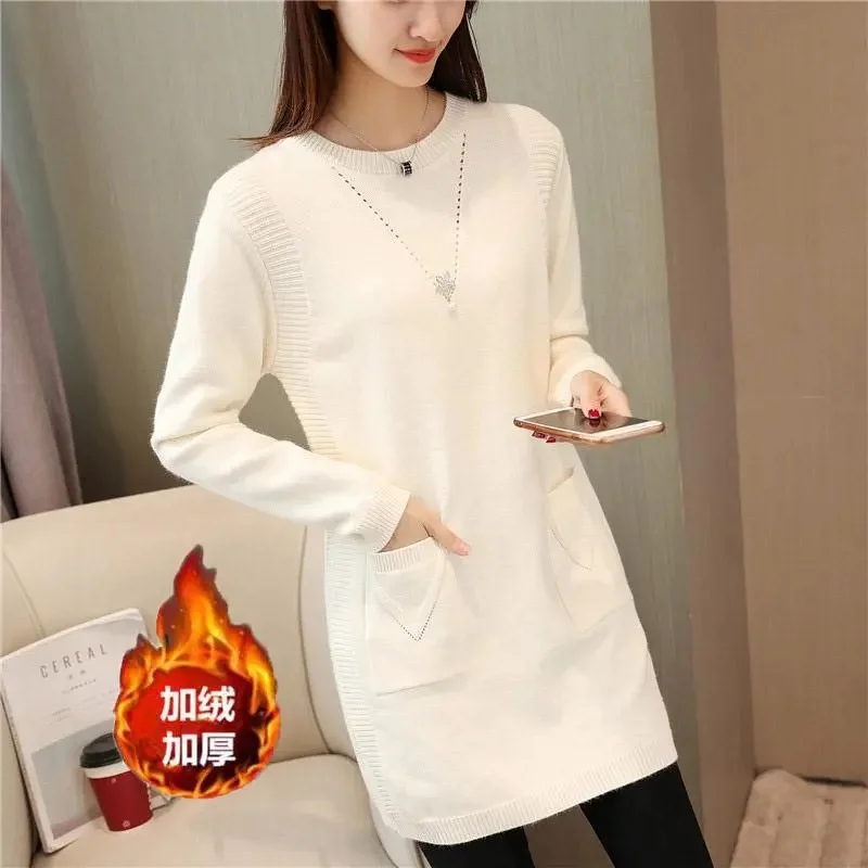 Women\'s Thicken Long Sweater Loose Medium Length Knitted Bottoming Shirt Female Autumn Winter Warm New Korean Pocket Sweaters