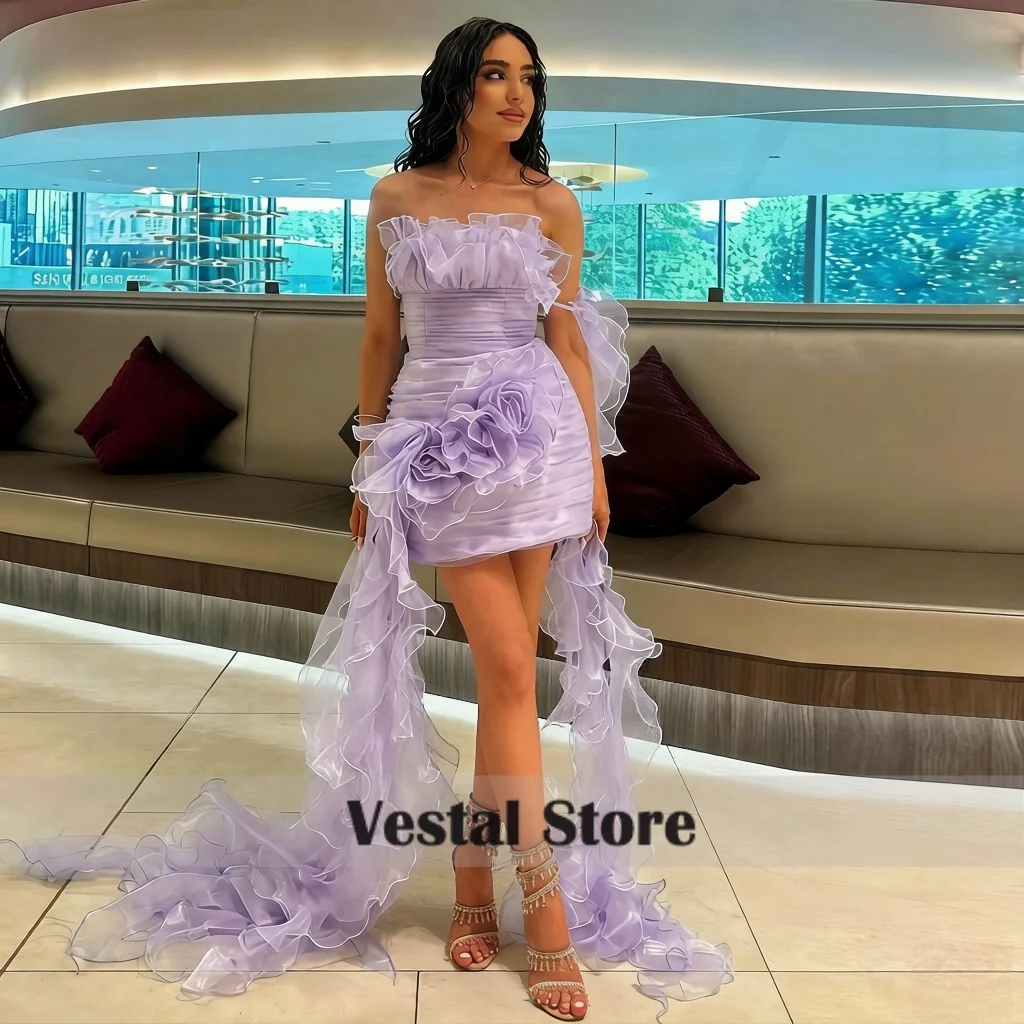 Vestal Dreamy Strapless Homecoming Dress Ruched Mini Dress 3D Flower Organza Ruffle Train Cocktail Party Gown Customized