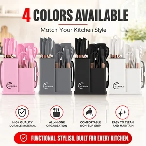 Food-grade silicone cooking utensil and knife set with matching storage tube and silicone cutting board. The complete kitchen tools include spatula, soup ladle, slotted spoon, food tongs and stainless steel knives. Ideal gift for festivals.