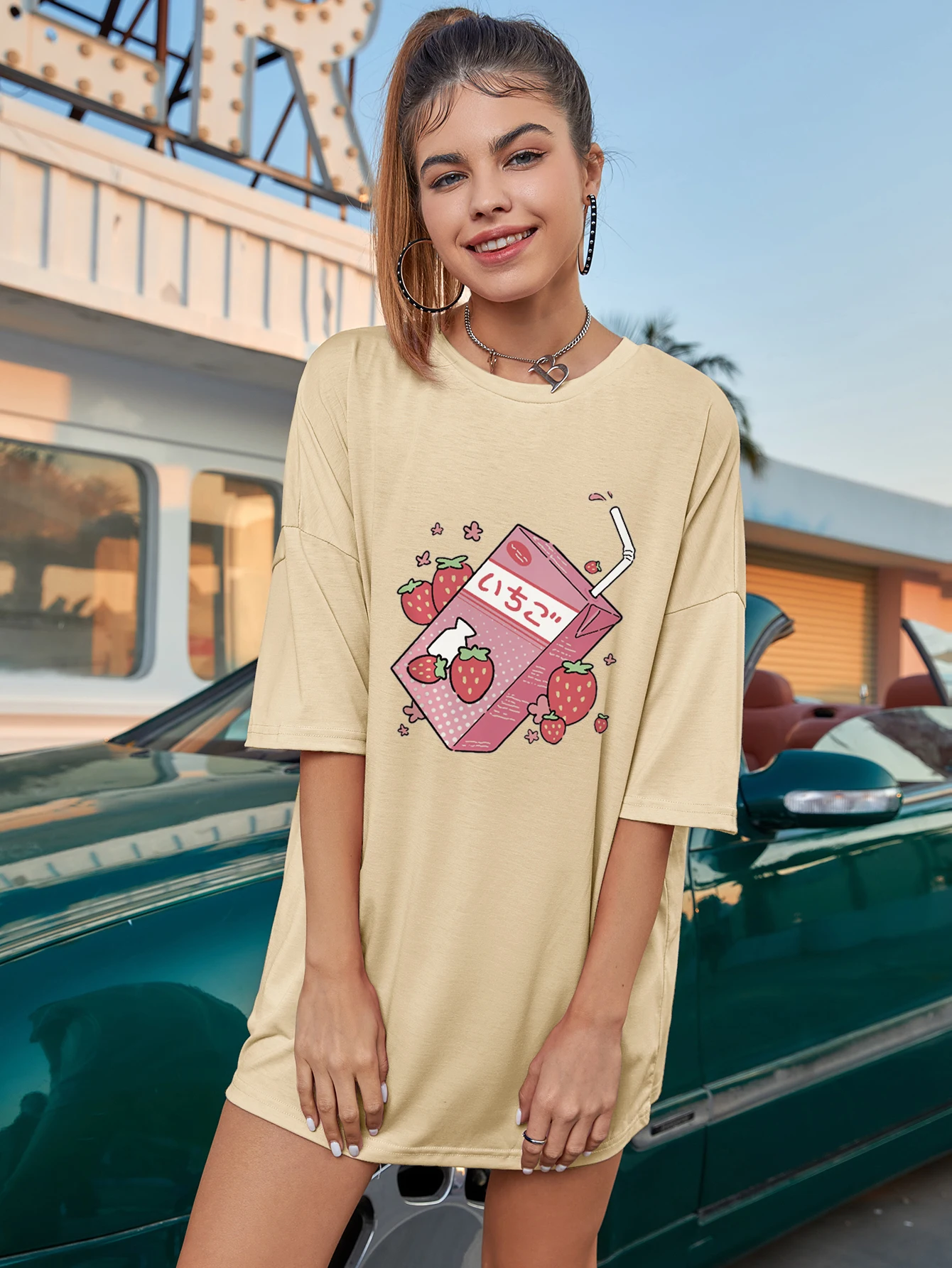 

colored strawberry milk oversized tshirt kawaii women graphic hipster tee shirt