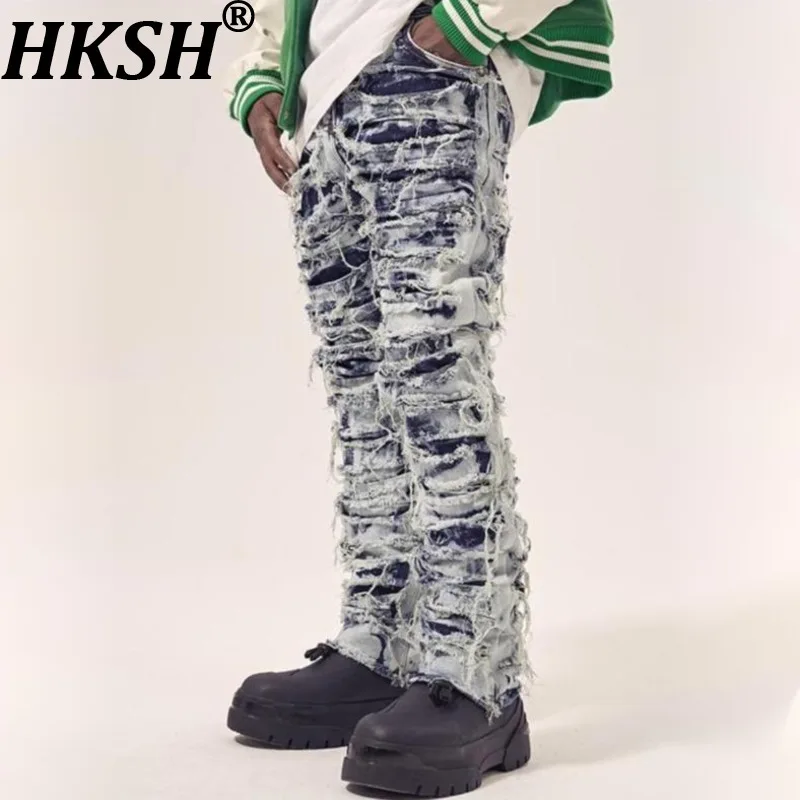 

HKSH Spring Autumn New Men Tide Punk American High Street Chic Ins Washed Vintage Jeans Hip-Hop Slim Stretch Denim Pants HK20114