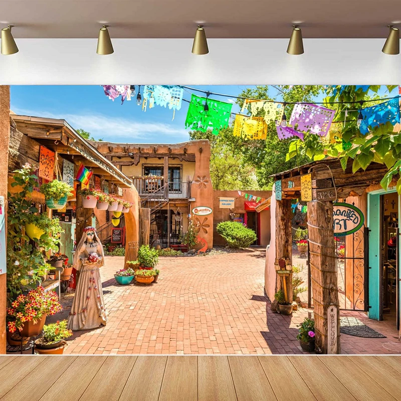 New Mexico Old Town Street Photography Backdrop Shops Restaurants Colorful Paper Flags Mexican Fiesta Background Day Of The Dead