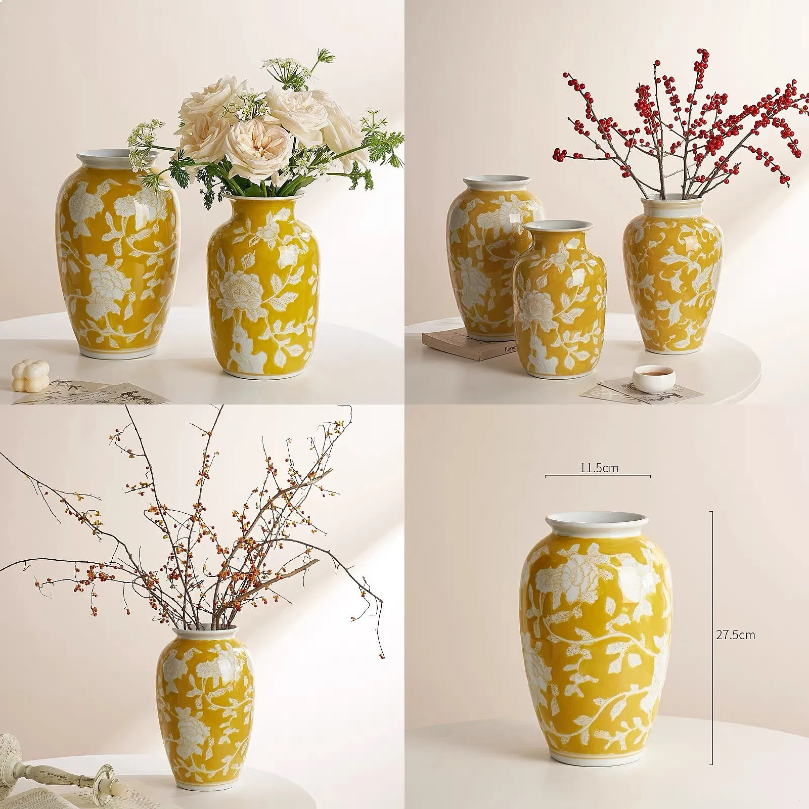 Ceramic Vase Chinese-style Retro Bottle Yellow Blue and White Porcelain Flowerpot Flower Vase Home