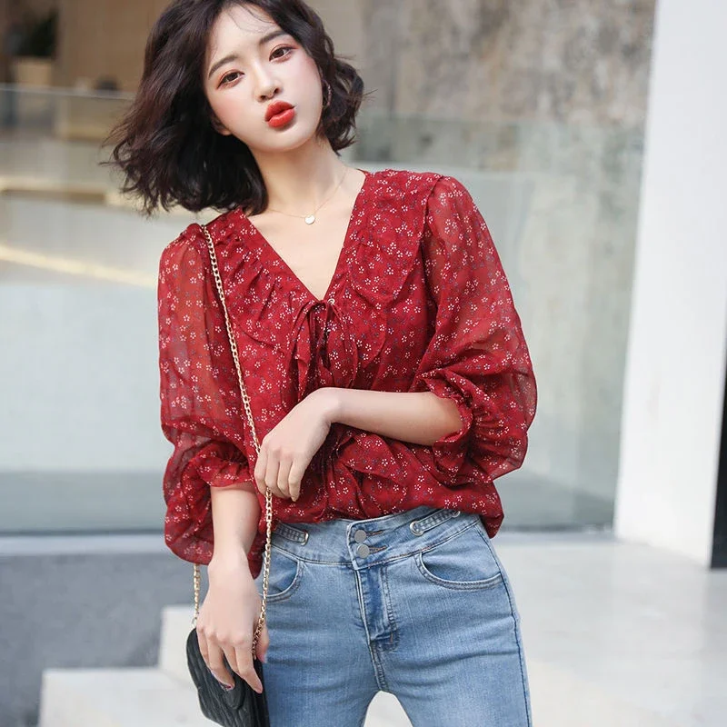 Frill Woman Top Korean Style V Neck Shirts & Blouses For Women Ruffle Tall Fashion 2024 Elegant Promotion Hot Summer Novelties M