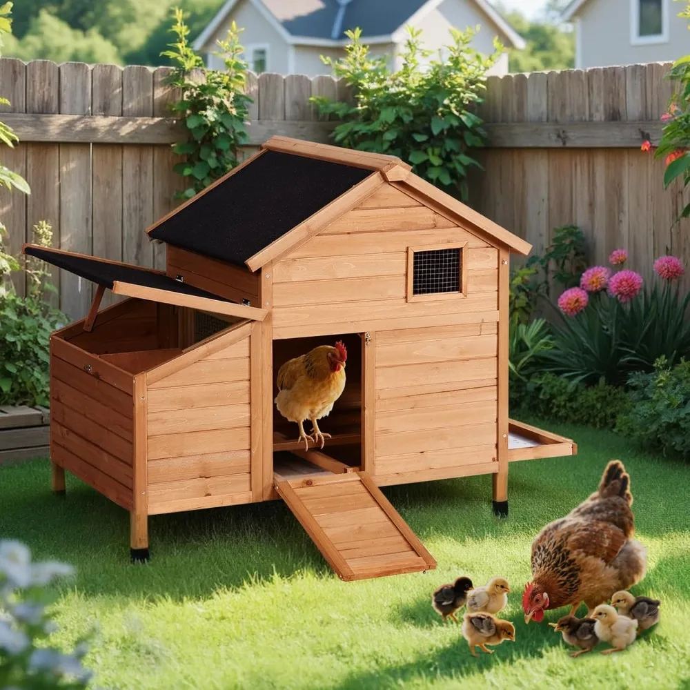 

Chicken Coop Wooden Duck House with Pull Out Tray, Nesting Box, Lockable Doors, Weatherproof Small Chicken Cage, 42.91 x 38.58 x