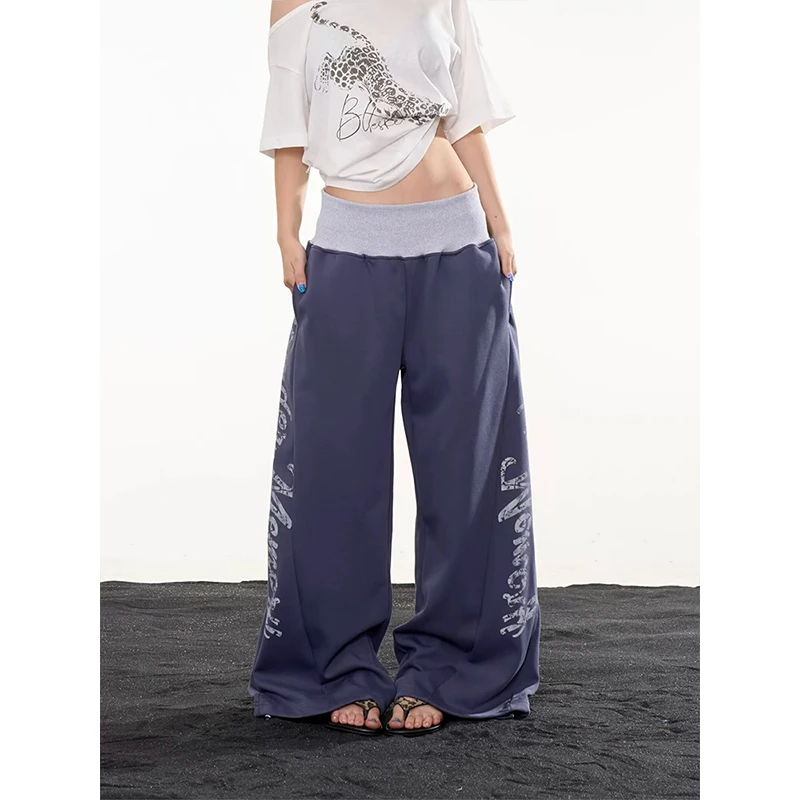 Black Loose Straight Leg Pants Women's Casual Sporty Style Ant Design Trendy American Vibe Loose Fit Comfortable Cotton Blend