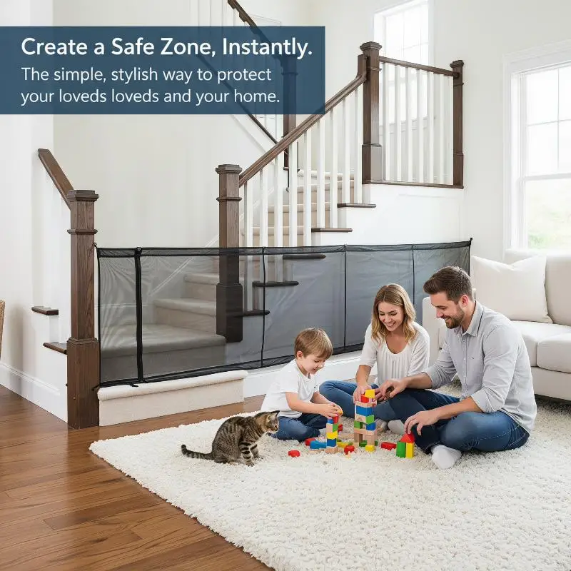 Retractable Baby Pet Gate No Drill Safety Net Fence Child Dog Cat Barrier for Home Stairs Doorways Protection