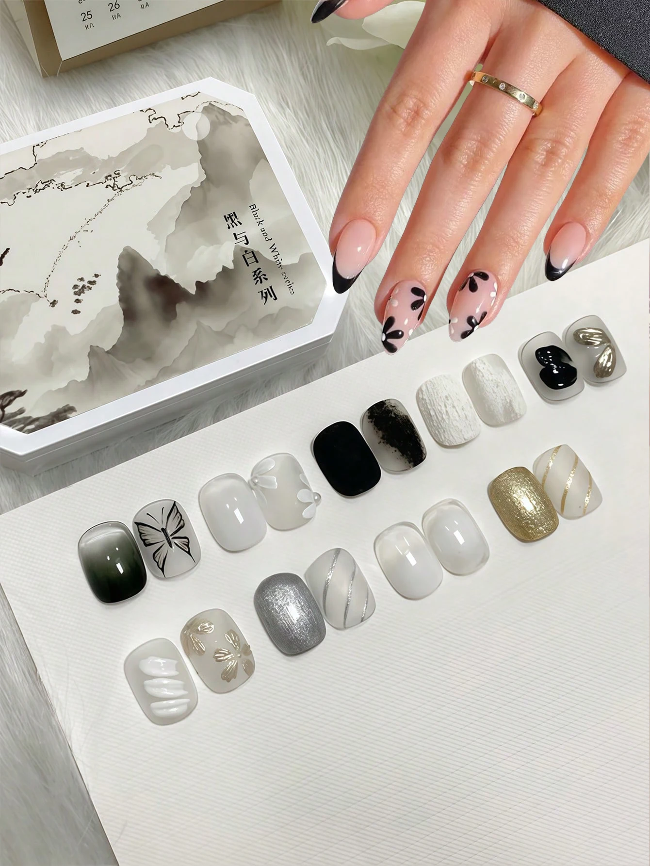 SJP 9-Gitter fester Nagellack schwarz und weiß geschnitzt Gips Kleber UV Gel DIY Nail Art Nagel Charm