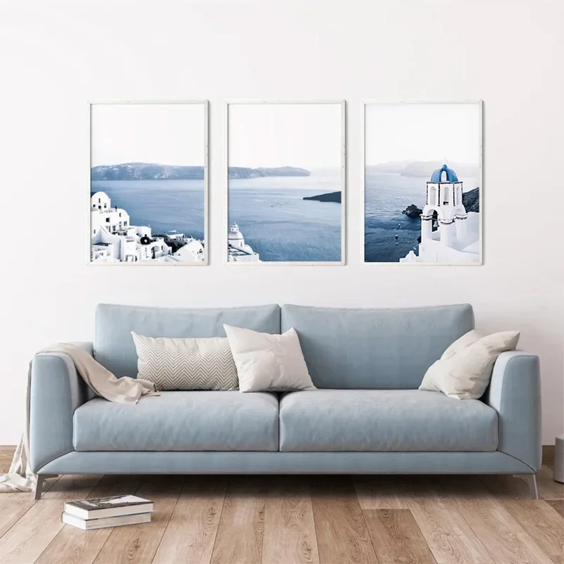 Santorini Greece Light Blue Print Poster Travel City Art Modern Minimalist Bedroom Decoration Canvas Painting Wall Art