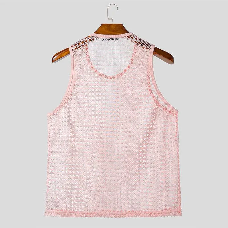 Men's Knitted Muscle Tank Top Sleeveless Hollow out Design Summer Spring Sexy Mesh See through Warmth Casual Style U Neck