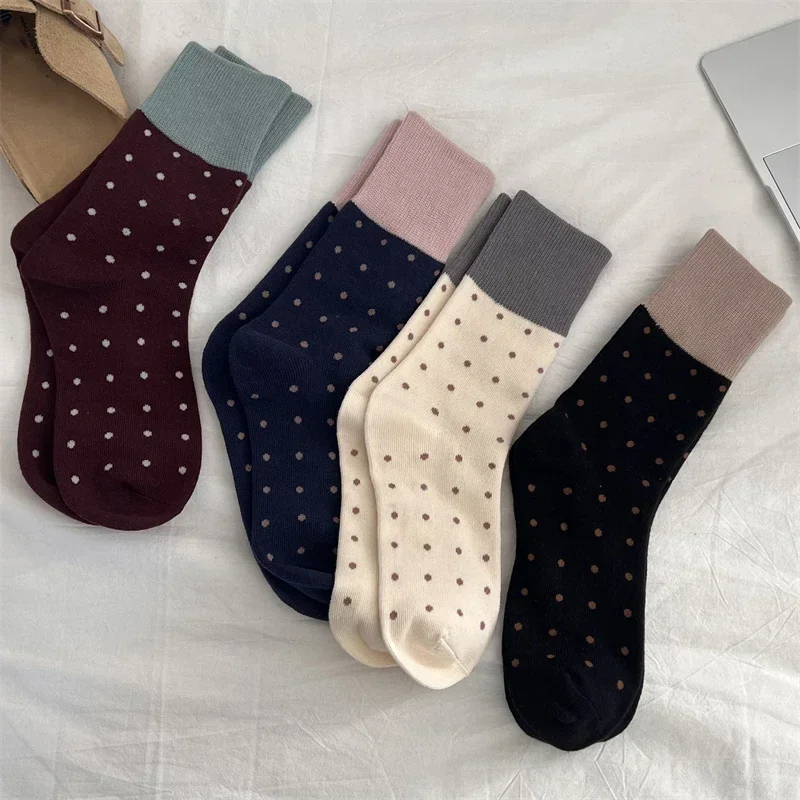 4 Pairs Women Socks Cotton New Mixed-Color Fashion Japanese Style Loose Socks Retro Dots Casual Ladies Crew Socks Absorb Sweat