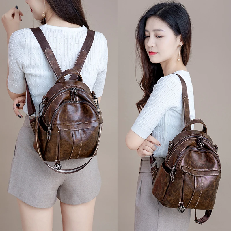 Women‘s Backpack 2024 New PU Oil Wax Leather Retro Style Women Shoulder Bag Fashion Girls Student Knapsack C9855