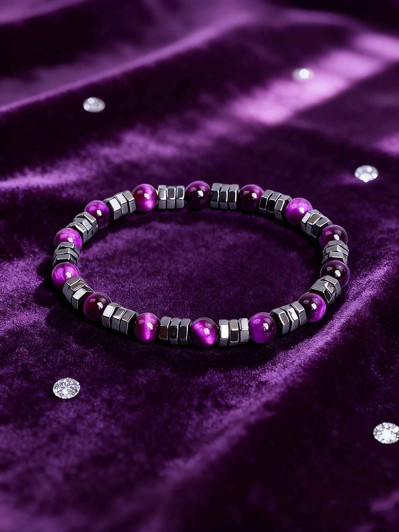 Natural Stone Hematite Bracelet With Geometric Irregular Beads & Purple Tiger Eye Beads For Vigour Protection Strength Jewelry