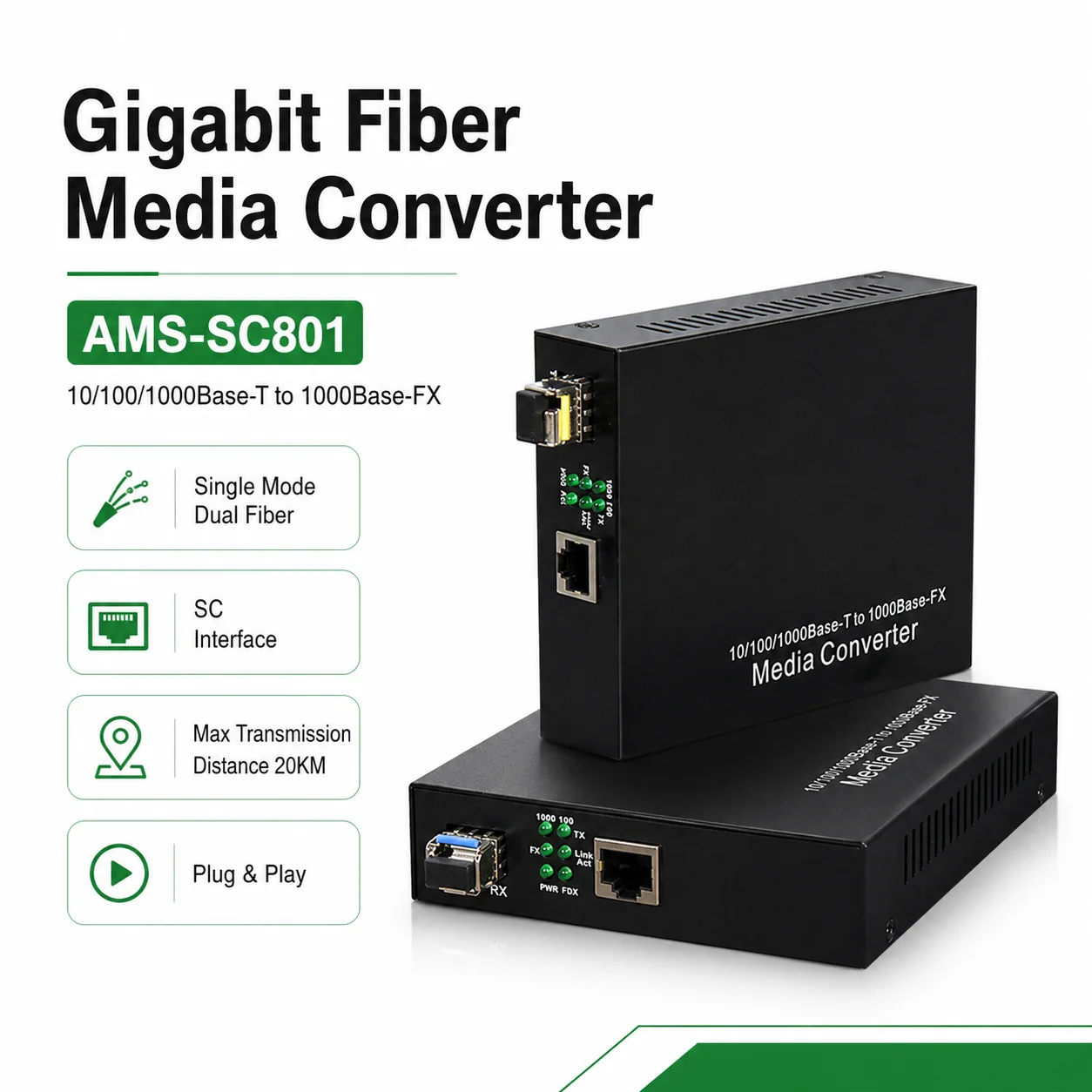 AMS-LC801A Single Mode Single Fiber LC Port Fiber Optic Transceiver For Full Color Led Display Screens Outdoor P3 P5 P4