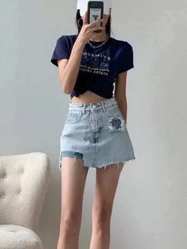 Feynzz\'s Net Red Frayed Denim Shorts Women\'s Summer Dress New Style Is Thin High Waist Wide Leg Hole A-line Hot Pants Trend