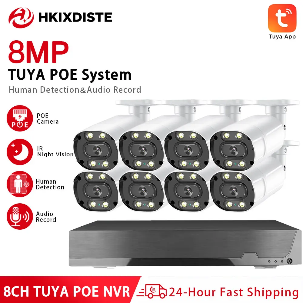 8MP 4K 8CH NVR Tuya PoE Security Camera System Bullet IPC Camera IP66 Waterproof AI Motion Detection Night Vision Audio Record