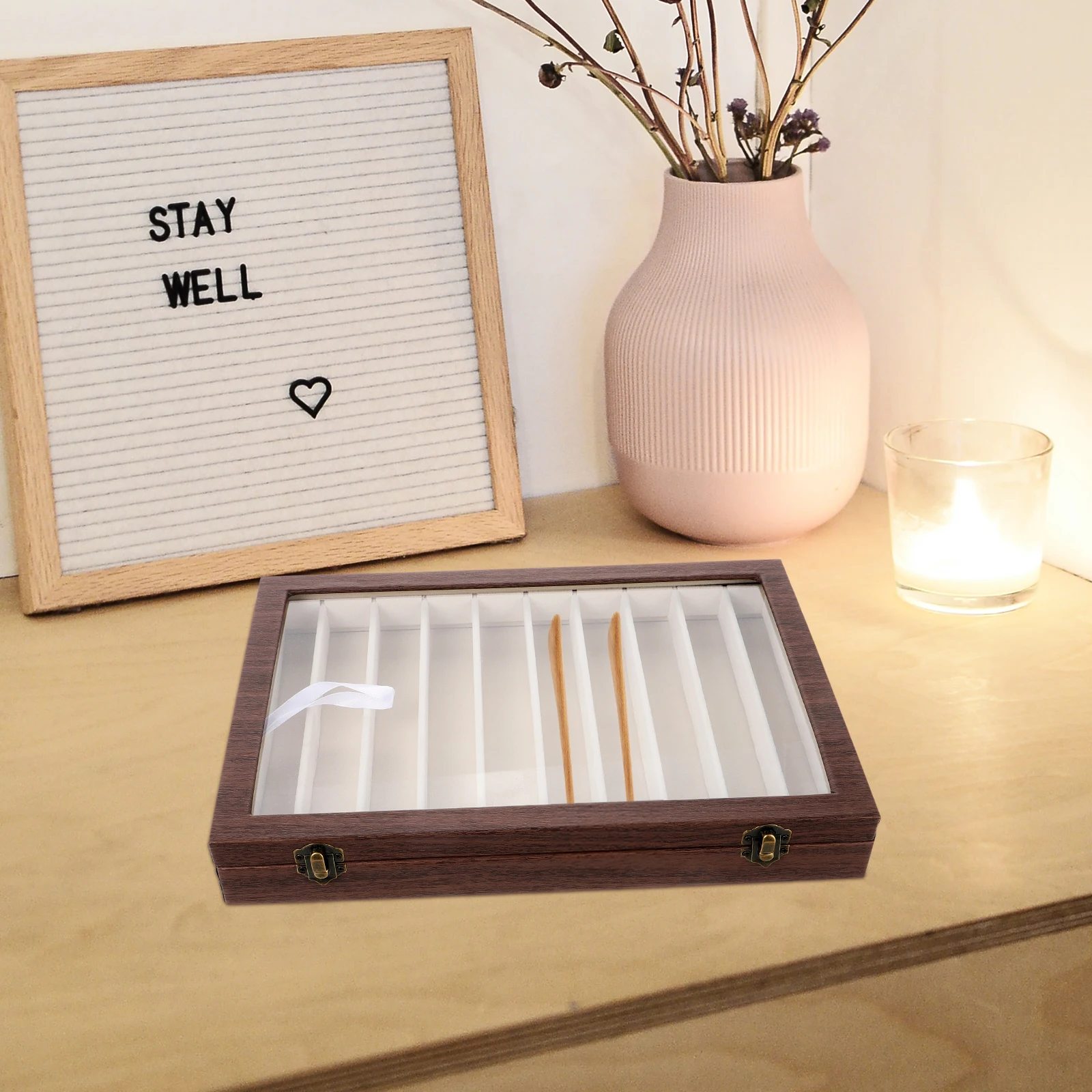 Delicate Wooden Jewelry Box Multi-Functional Trinket Storage Case 10 Grids Durable Wood Cloth Material Decorative Home Office
