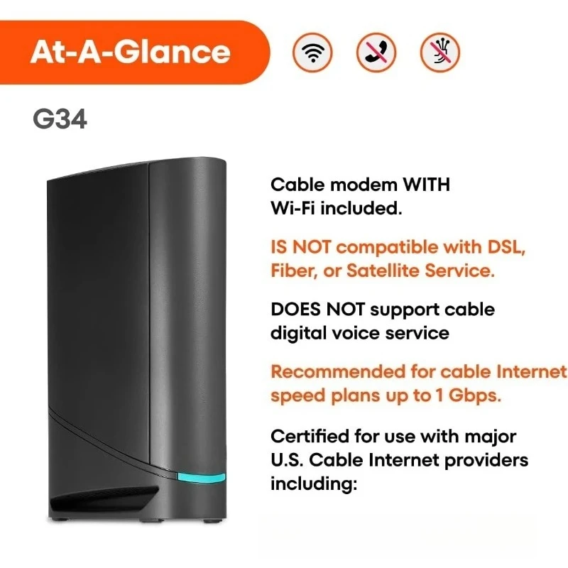 2025 hot sale (G34) - Cable Modem Router Combo - Fast DOCSIS 3.1 Gigabit WiFi 6 (AX3000)