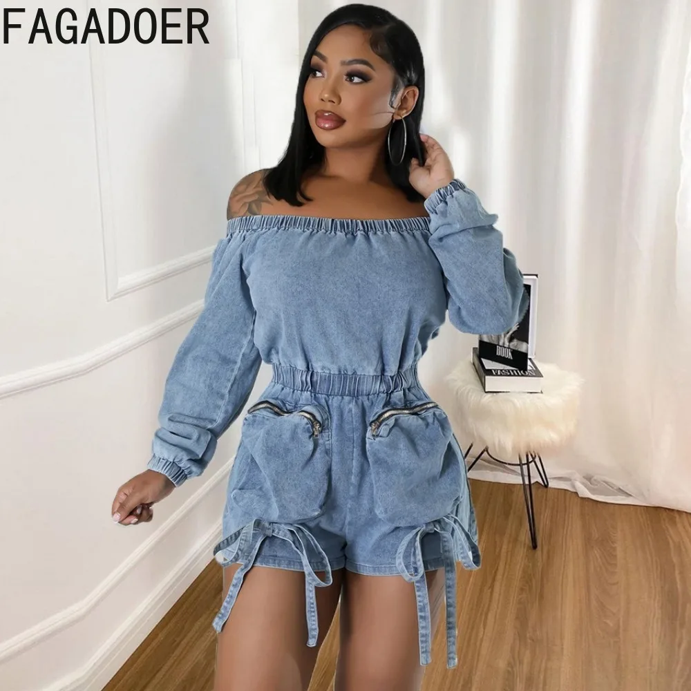 FAGADOER Fashion Off Shoulder Lace Up Denim Rompers Women Long Sleeve Elastic Waist Pocket Cargo Jumpsuits Casual Cowboy Overall