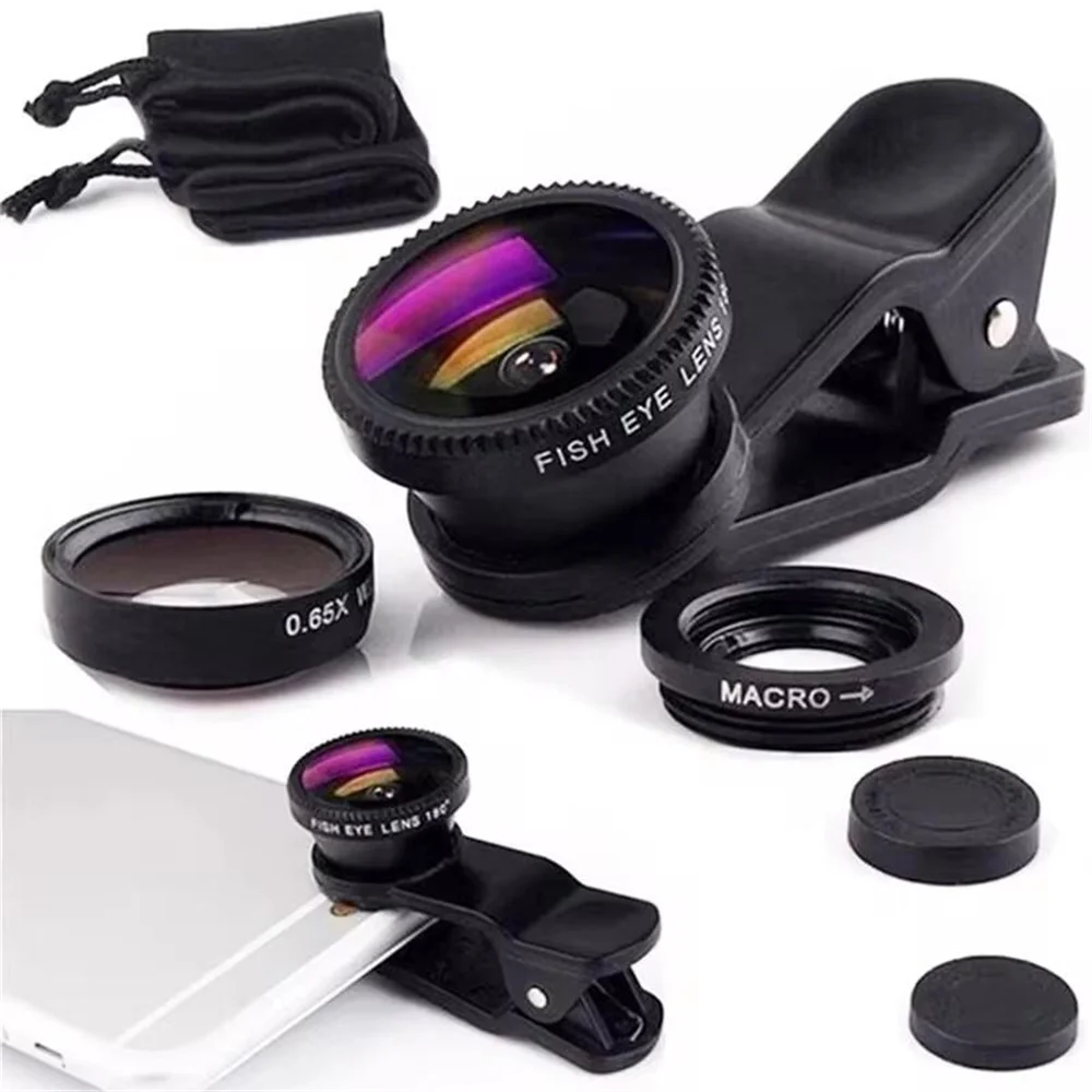 3 in 1 Phone Fisheye Wide Angle Zoom Lens 0.67X Fish Eye Macro Lens Camera Kits For Smartphone Fish Eye Zoom Len With Phone Clip