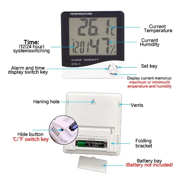 HTC-2 digital thermometer high precision for fish tank indoor and outdoor electronic wet and dry thermometer with wire probe