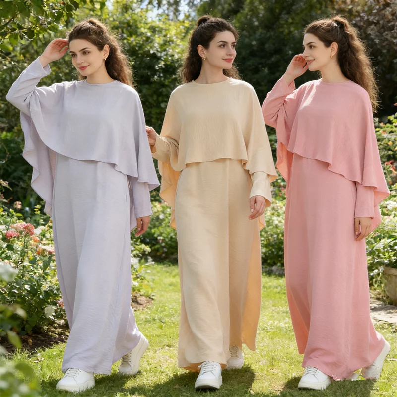 

Ramadan Dress with Cape Set Middle East Dubai Robes Abaya Turkey Kaftan Women Muslim Dresses Eid Djellaba Ramadan Islam Jalabiya