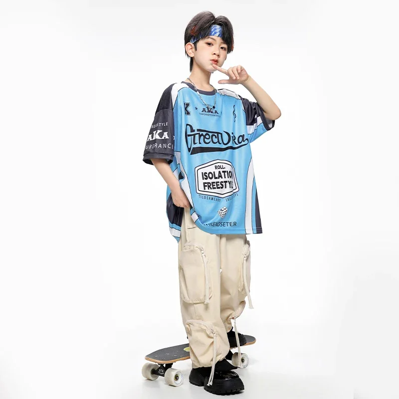 Boys Hip Hop Dancing Outfits Contrast Tshirt Cargo Pants Girls K-pop Street Dance Costumes Kids Jazz Clothes Child Streetwear
