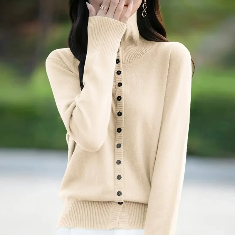 Spring Lady High End High Neck Knitted sweater Coat Autumn Female Solid Color Sweater Top Korean Women Fashion Knitting Cardigan