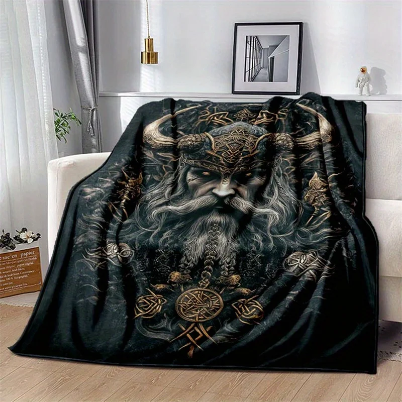 Dark fantasy style Viking head pattern printed blanket, suitable for sofa, bed, camping, office, travel gift blanket, all-season