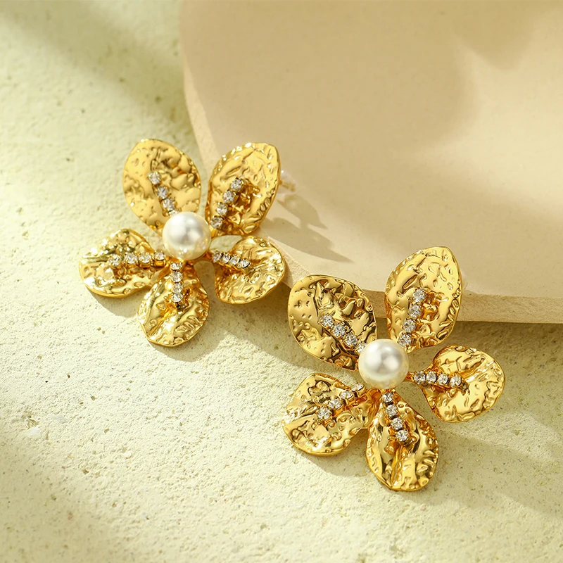 PRISCA | Gold Flower Stud Earrings for Women Stainless Steel Party Pearl Jewelry 18k Gold Stylish Wholesale