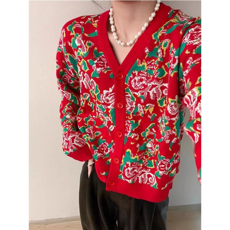 Ladies Trend Fashion Floral V-neck Long Sleeve Knitting Cardigan Women Clothes Vintage Buttons Slim Sweater Coat Autumn Top Tee