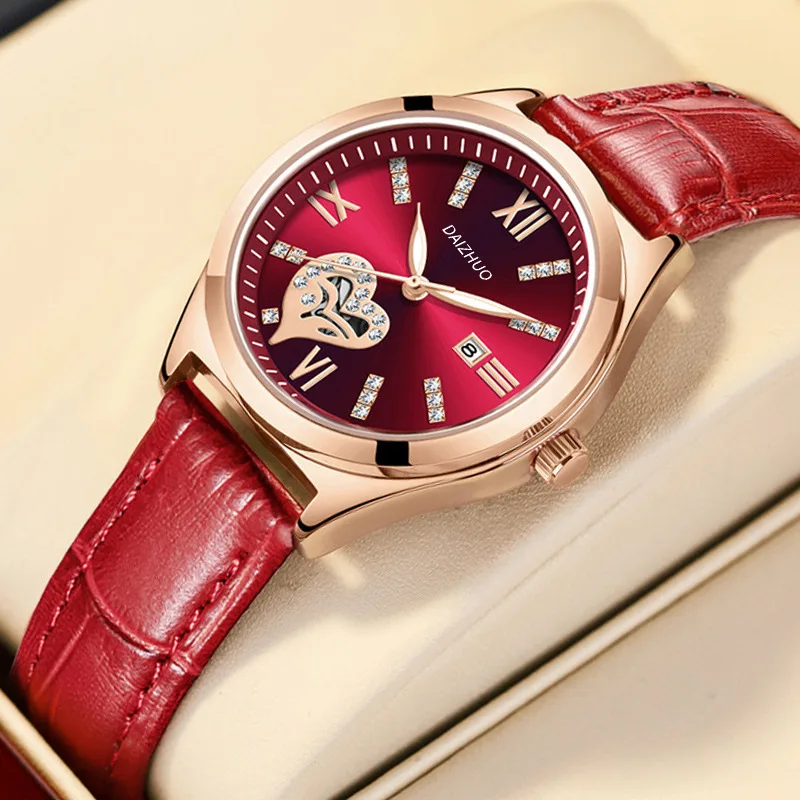 

Women's Watch Light Luxury Brand Luminous Calendar Diamond Setting Red Leather Strap Female Fashion Quartz Wristwatches