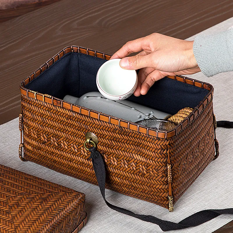 Handmade bamboo tea set storage box, covered travel portable dust finishing box, retro