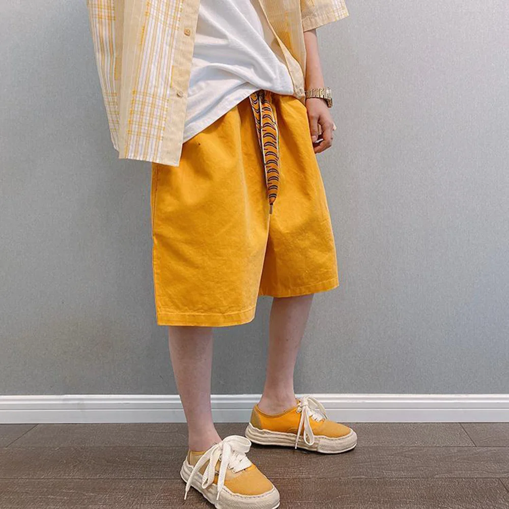 Summer Shorts Trendy Street Vitality Yellow Mens Shorts Tiger Pattern Ribbon Shorts Youth Korean Stylish Relaxed Fit Shorts New