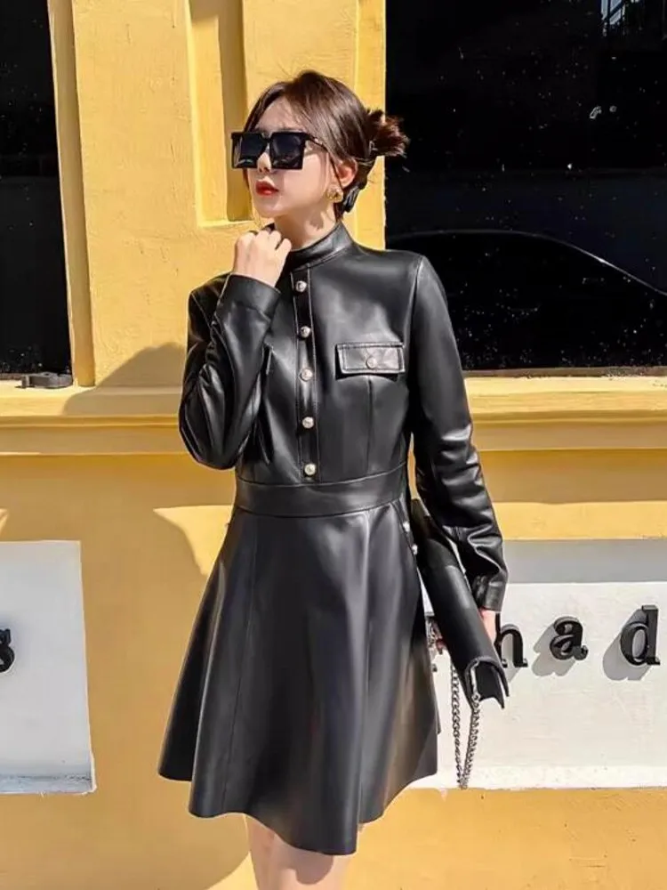 Spring New Women Long Sleeve Stand Collar Sheepskin Genuine Leather Dress Punk Style Ladies Slim Waist A Line Ladies Mini Dress