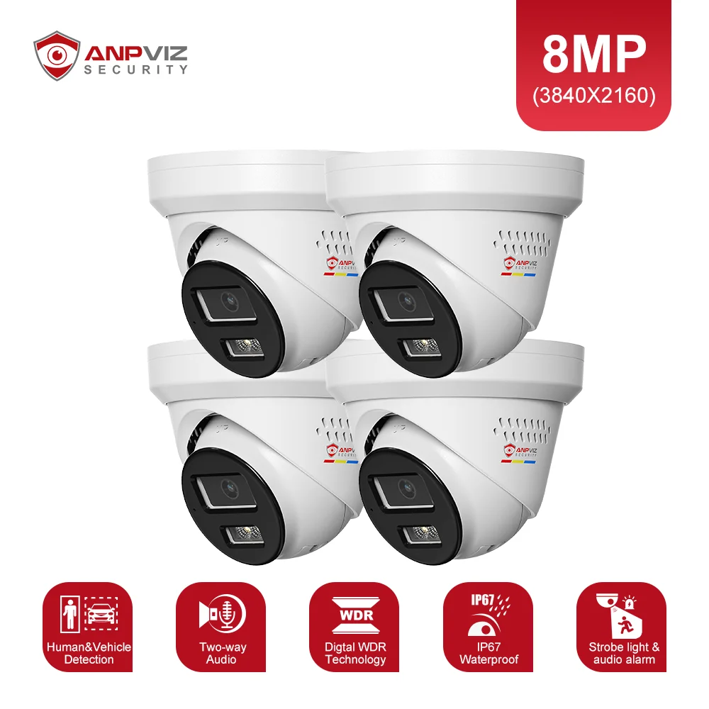 Anpviz Smart 4K IP PoE Camera Strobe Light and Audio Alarm Metal Turret Security Outdoor Human/Vehicle Detection IP67 Waterproof