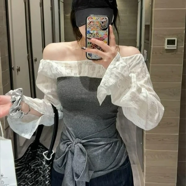 

New Spring Autumn Fake Two Piece Off Shoulder Slim Fit Sexy Splicing Long Sleeve Top for Women