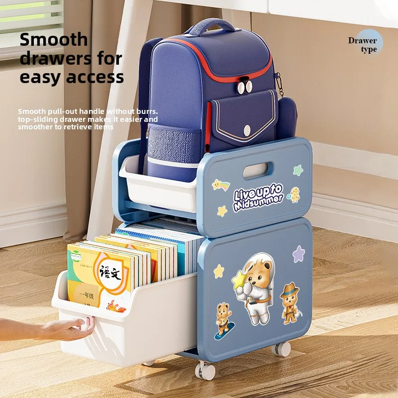 Home Backpack Storage Cart Books Organizer Rolling Movable Rack Cartoon Sticker Decor Trolly Cart Removable Storage Rack