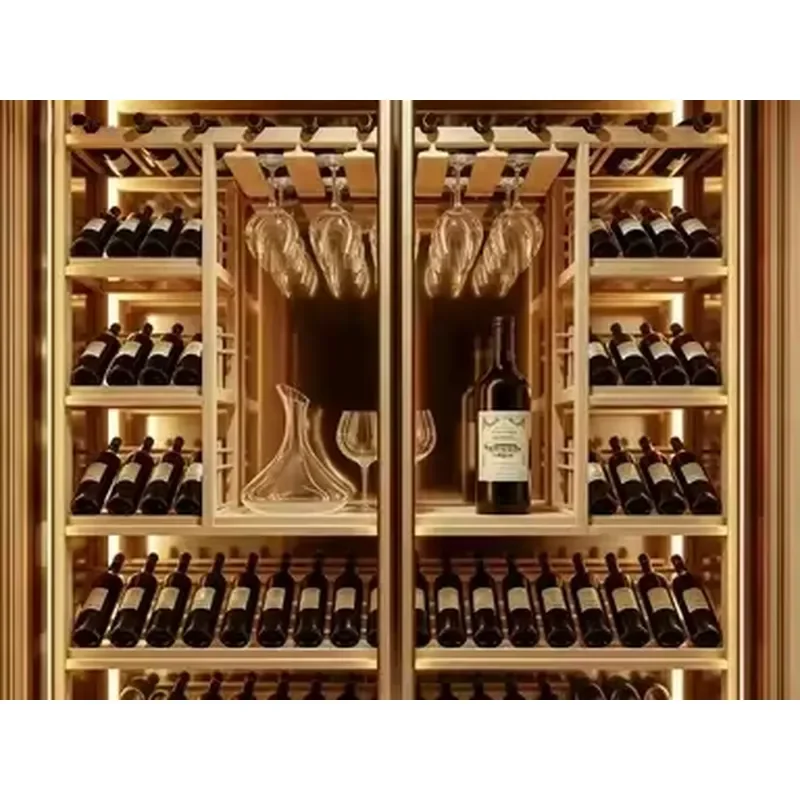 Champagne Gold Double Door Wine Cabinet Built-in LED Light Glass Display Cooler Rack Home Kitchen Restaurant Bar