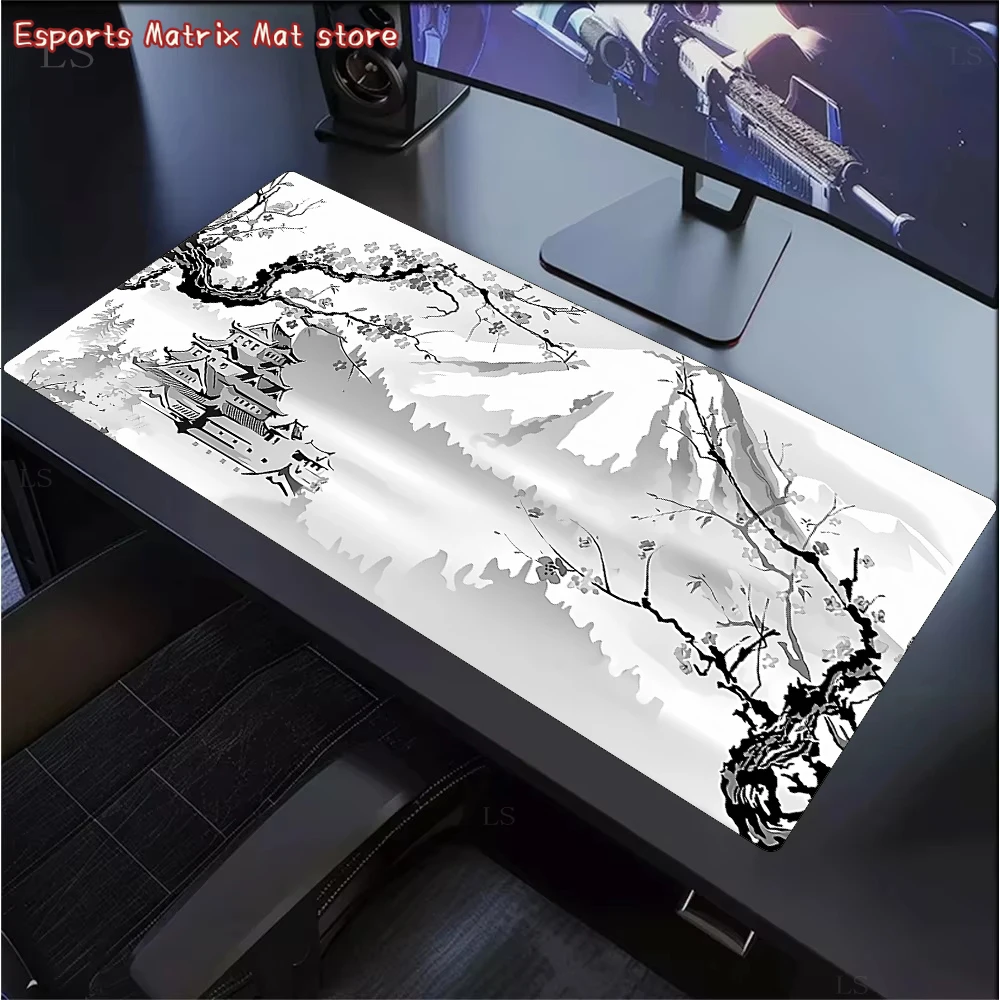 

Ink Landscape Mouse Pad - Large Extended Gaming Desk Mat with Mountain & Ancient House Design