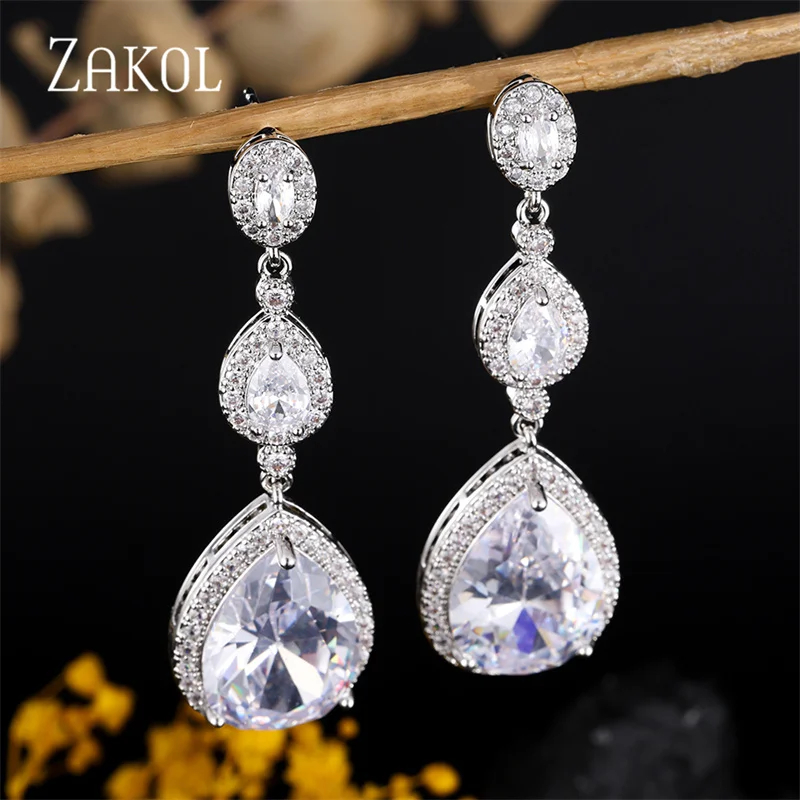 ZAKOL Band Round Wedding Jewelry Luxury White Water Drop Cubic Zircon Long Dangle Earrings for Women Engagement FSEP624