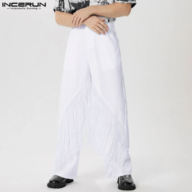 INCERUN 2024 American Style Men's Tassel Patchwork Design Long Pants Casual Streetwear Solid Simple Straight Leg Pantalons S-5XL