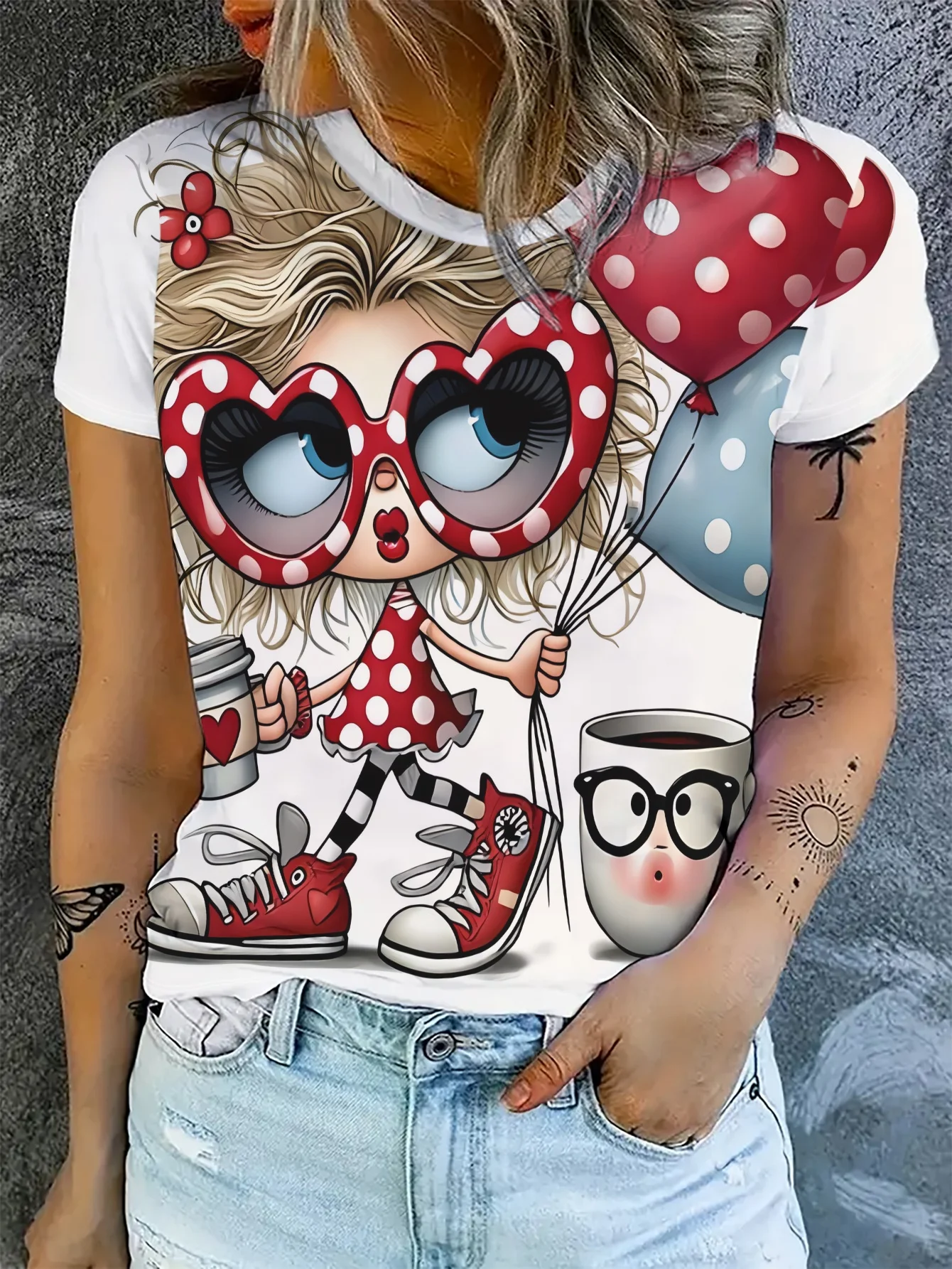 Women T‑Shirt Cute Cartoon Girl With Balloon Coffee Cup Fun Polka Dot Print Short Sleeve Crew Neck Casual Summer Tops