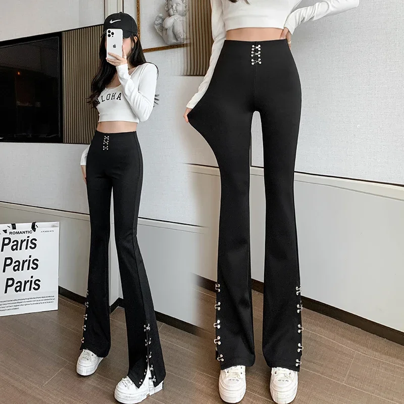 

Solid Color Elastic Waist Split Micro Flare Pants Women's 2025 Spring Autumn Korean High Waist Slim Office Lady Black Trousers